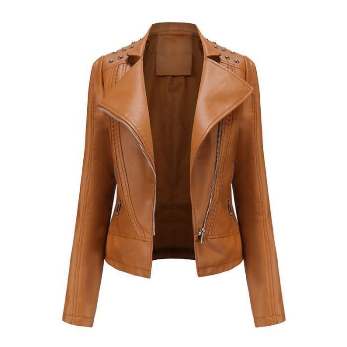 Femme Blouson Simili Cuir Col Revers Veste Mi Saison Couleur Unie Rivet Decoratif Pour Printemps et Automne Kaki Kaki Cdiscount Pret a Porter