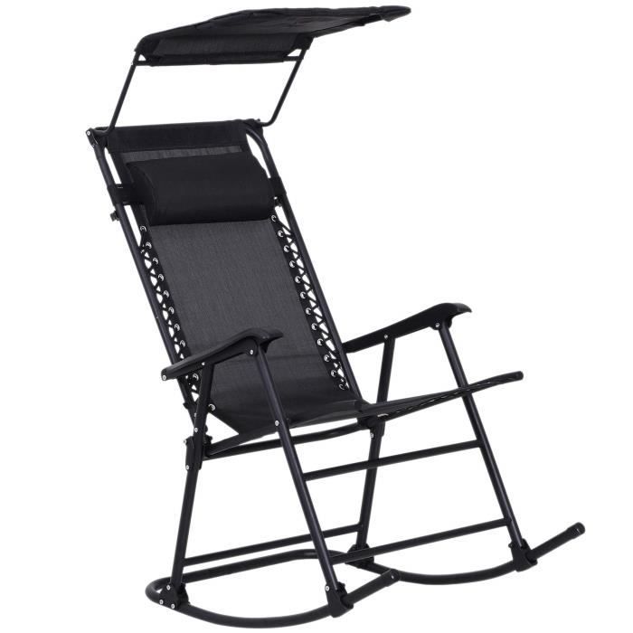 fauteuil à bascule rocking chair pliable de jardin - outsunny - noir - design contemporain - pare-soleil intégré