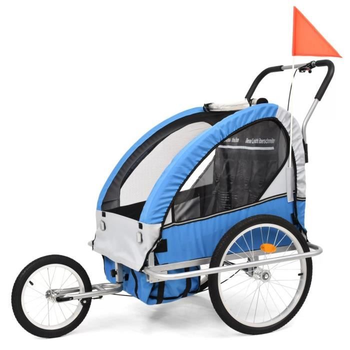 Remorque à vélo 2-en-1 et poussette pour enfants Bleu et gris