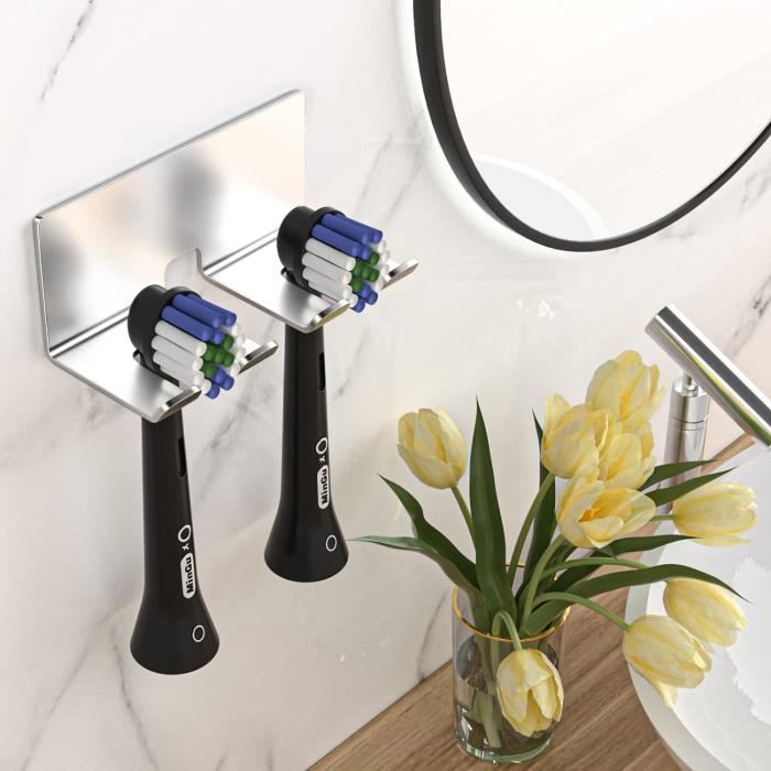 2 Pièces Support Mural Brosse à Dents Acier Inox – Auto-Adhésif Sans Perçage, Pour Brosse Électrique & Gobelet