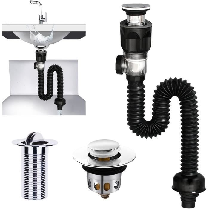 Kit De Vidange Lavabo HOTUT - Siphon Flexible Extensible 42-93.5 Cm Avec Bouchon Pop-Up Anti-Odeurs
