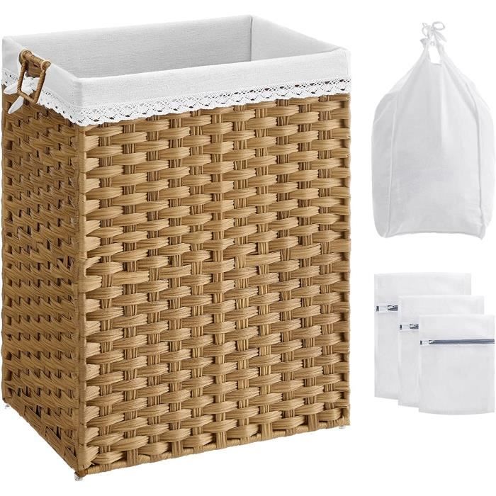 Grand Panier à Linge 90L En Rotin Synthétique Aspect Bois, 46x33x60 Cm, Avec Sac Amovible