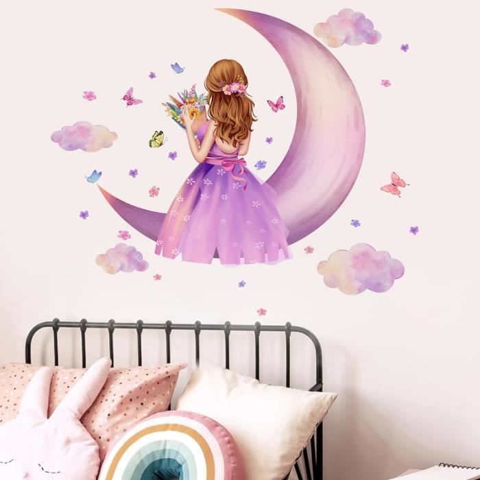 Stickers Muraux Fille Papillon Loup Lune - Décoration Chambre Enfant Fée Fleurs Pour Bébé Et Salon