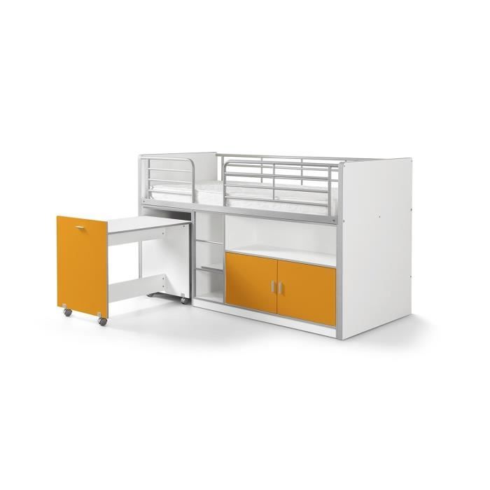 lit combiné bonny 91 en mdf avec touches d'orange et bureau à roulettes - bois massif - sommier à lattes inclus