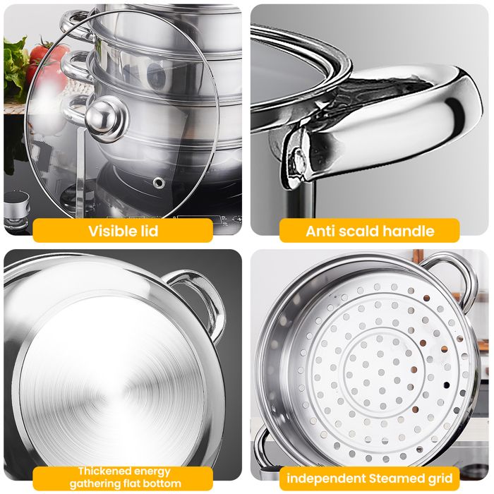 Cuiseur Vapeur 5 Étages Acier Inoxydable 30cm - Couvercle Verre Induction Gaz