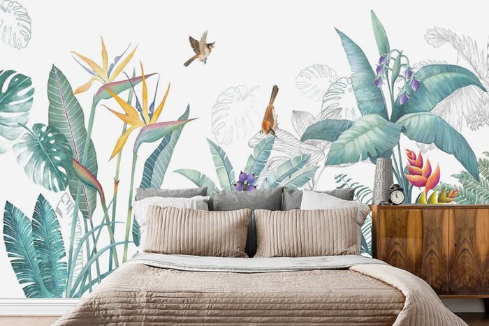 3D Papier Peint Panoramique Jungle Soie Vert Plante Tropicale Nature ...