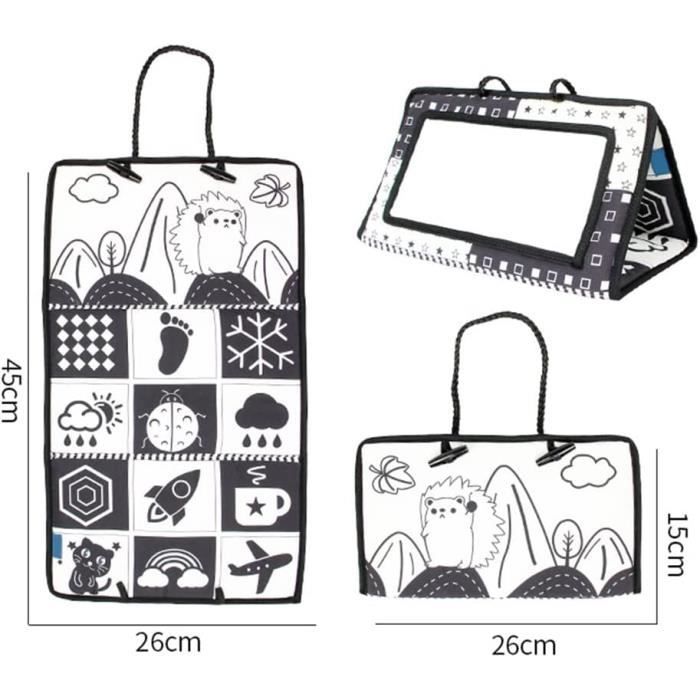 Jouet D'éveil Bébé 0-12 Mois - Miroir Montessori + Livre Tissu Noir Et Blanc - Sensoriel Et Pliable - Cadeau Naissance Fille Garçon