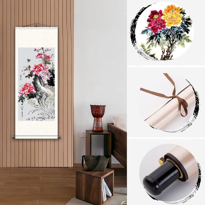 Tableau Rouleau De Soie Asiatique - Décoration Murale Orientale - 83x30 Cm, Beige