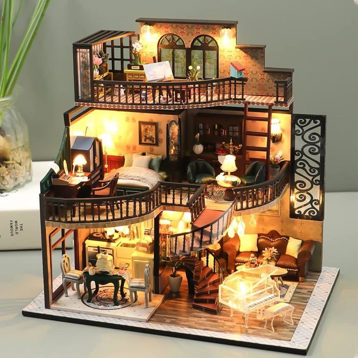 DIY Maison Miniature A Construire, Miniature Maison De Poupée Bois En Kit Complet Avec Housse Anti-Poussière Pour Meubles Et Lumières LED Kit De