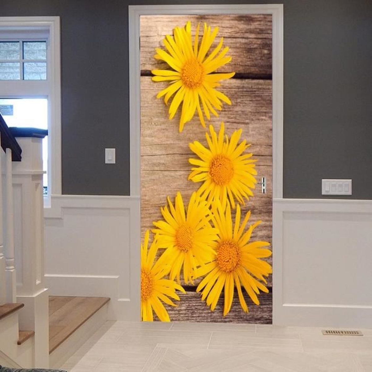 Adesivo 3D Per Porta - Fiore Bianco Goffrato Con Dettaglio Dorato, Decorazione Fai-Da-Te Per Casa