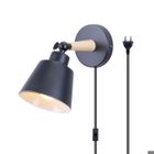 WOTTES Vintage Applique Murale Réglable Industrielle en Métal et Bois, Luminaire d'intérieur avec Interrupteur 1.8M Corde - Noir