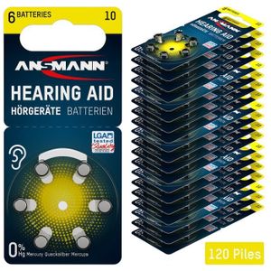 PILES ANSMANN piles auditives taille 10 / PR70 - 120 piles zinc-air pour aides auditives - jaune