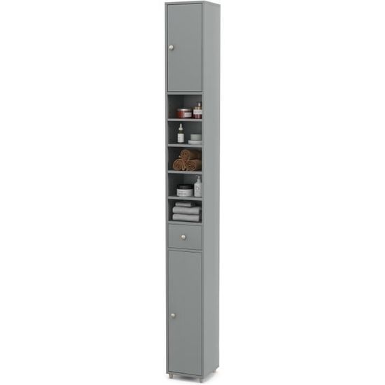 Armoire Salle De Bain Haute 180 Cm - 2 Portes, 1 Tiroir, 5 étagères Réglables, Blanc, Pour Petits Espaces - 6