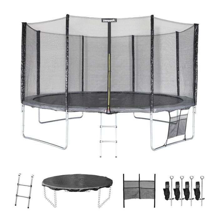 Trampoline de jardin Vénus XXL 430cm gris avec filet de protection, échelle, bâche, filet chaussures, kit d'ancrage 430 cm 4m