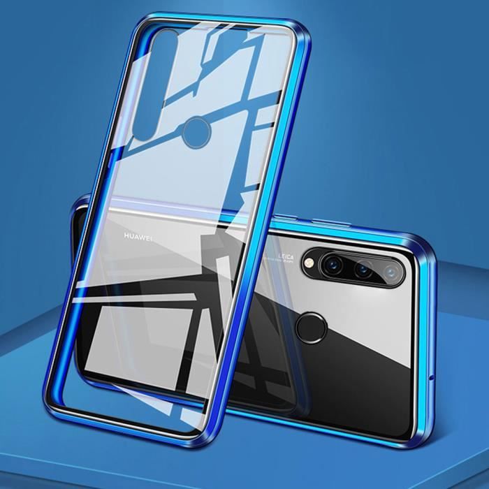 Coque Huawei P30 Lite, Étui Adsorption Magnétique Double face Verre trempé Couverture pour Huawei P30 Lite -Bleu