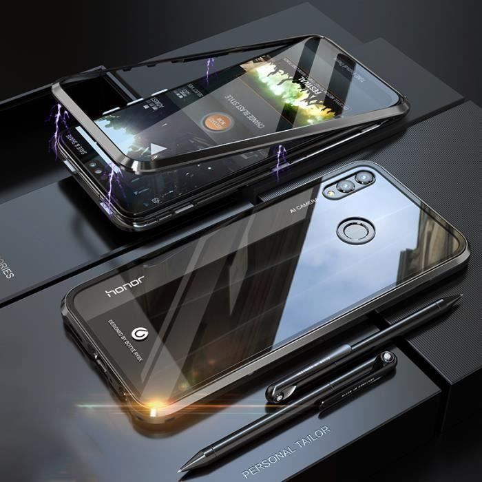 Coque Honor 8X，Cadre métallique antichoc，Verre trempé + Cadre en métal magnétique etui Pour Huawei Honor 8X - Noir