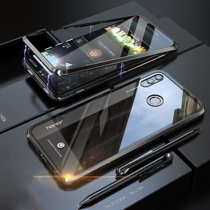 Coque Honor 8X,Cadre métallique antichoc,Verre trempé + Cadre en métal magnétique etui Pour Huawei Honor 8X - Noir