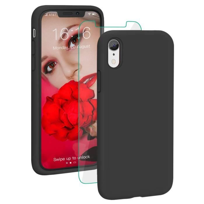 Coque iPhone XR, Silicone Liquide Housse avec Ecran Verre Trempé Gratuit Case Anti-Choc Protection Complète Cover Étui de iPhone XR