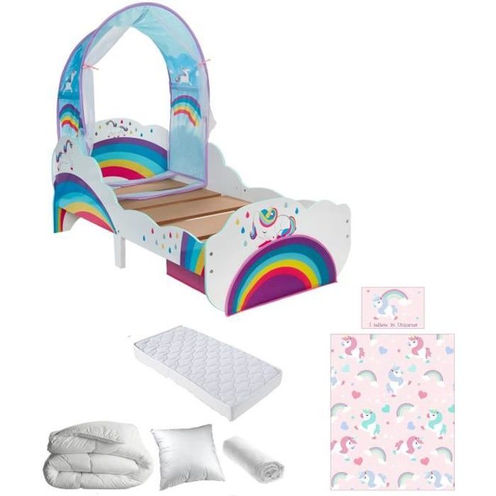 Pack complet Premium Lit enfant Licorne Arcs-en-ciel = Lit+Matelas & Parure+Couette+Oreiller Blanc, Rose