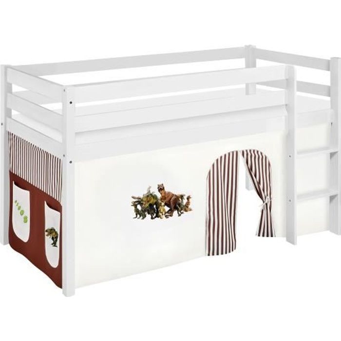 Lit surélevé ludique JELLE 90 x 190 cm Dinos marron beige- avec rideaux - LILOKIDS - blanc laqué