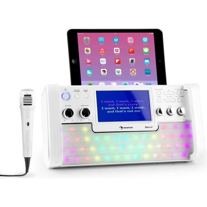 auna DiscoFever Chaîne Karaoké design et compacte (effets de lumière, echo, lecteur CD--CD+G, entrée AUX, micro inclus) - blanc