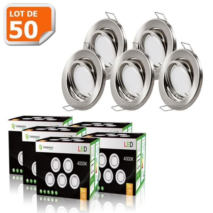 LOT DE 50 SPOT LED ENCASTRABLE COMPLETE ORIENTABLE ALU BROSSE AVEC AMPOULE GU10 230V 5W, BLANC NEUTRE