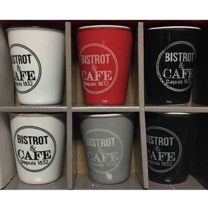 6 TASSE A CAFE BISTROT 7 X 5 CM 11 CL ROUGE NOIR GRIS BLANC CUISINE VAISSELLE