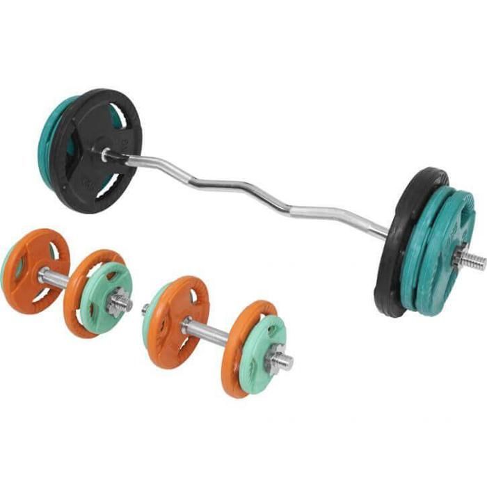 Gorilla Sports - 68kg totale - set en caoutchouc grip avec curl barre de 120cm et deux barres courtes de 35cm avec bague de serrage