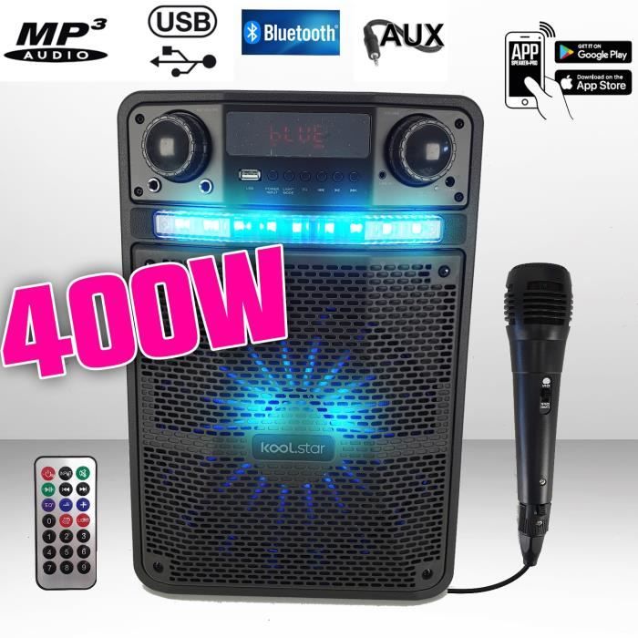 Enceinte Karaoké sono Batterie PARTY BOX 400W à LED + APPLICATION SMARTPHONE - PC/USB/Bluetooth/RADIO FM / Micro