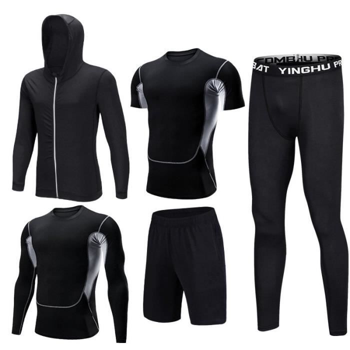 Ensemble tenue de compression homme 5 pcs T shirt manches longues-courtes+Collant Running+Short+Sweatshirt Sport Dry Fitness