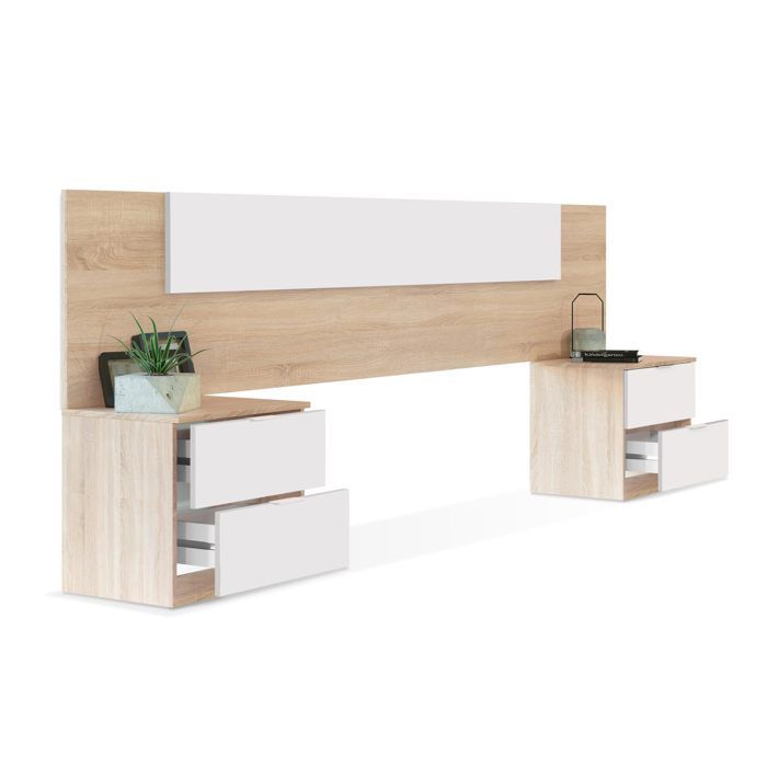 tête de lit avec 2 tables de chevet bois naturel hêtre finition blanche chambre