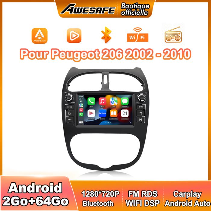 AWESAFE Autoradio Android 13 2Go+64Go pour Peugeot 206 (2002-2010) avec 7 Écran Tactile GPS Carplay Android Auto Bluetooth