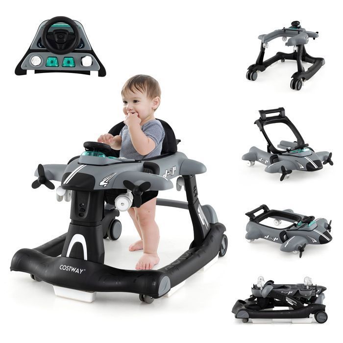 6 en 1 Trotteur Bébé Pliable COSTWAY-Design Avion-Hauteur Réglable-Boîte à Musique Lumières LED-Plateau de Repas- 6 à 18 Mois-Gris
