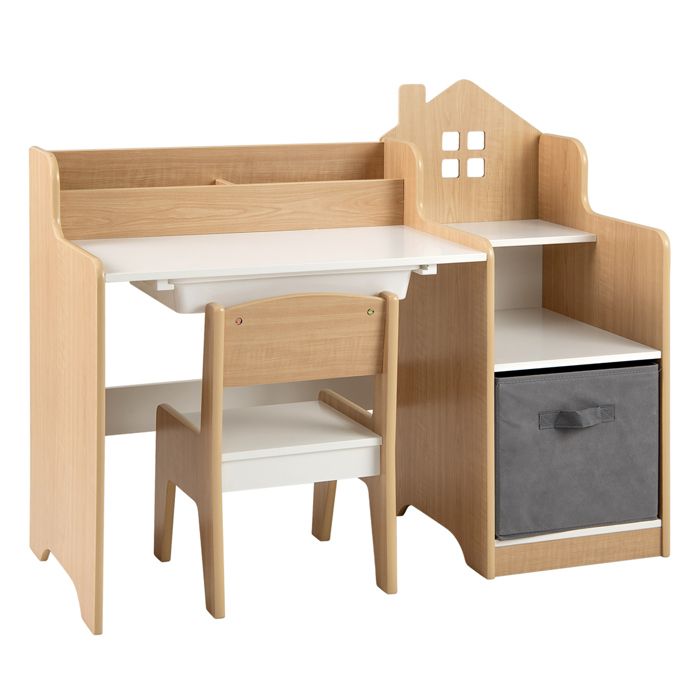 GOPLUS Bureau Enfant avec Chaise-94x40x765CM-1 Boîte de Rangement+1 Tiroir en Tissu+Étagère+Bibliothèque Dessus-Naturel