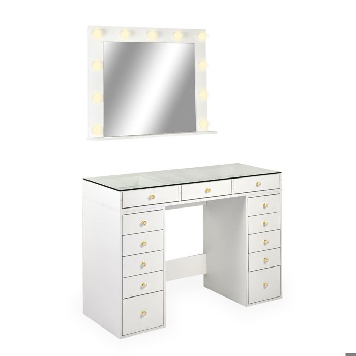 MENZZO Coiffeuse moderne 13 tiroirs avec miroir lumineux et plateau en verre L120cm Probeauty Blanc