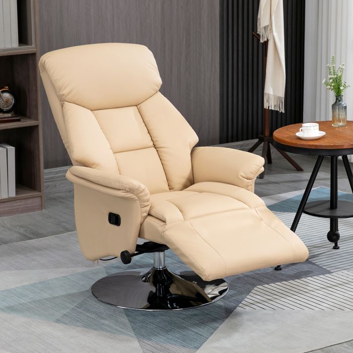 Fauteuil inclinable pivotant repose-pied réglable accoudoirs piètement acier chromé revêtement synthétique PU crème