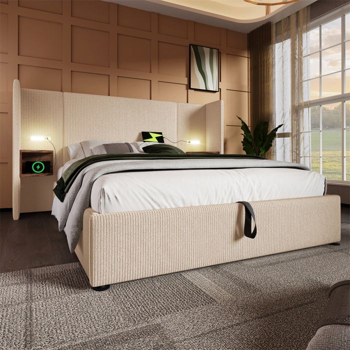 Lit coffre rembourré 160x200 cm beige/blanc avec tête de lit étagère lampe tactile et ports USB-C (sans matelas)