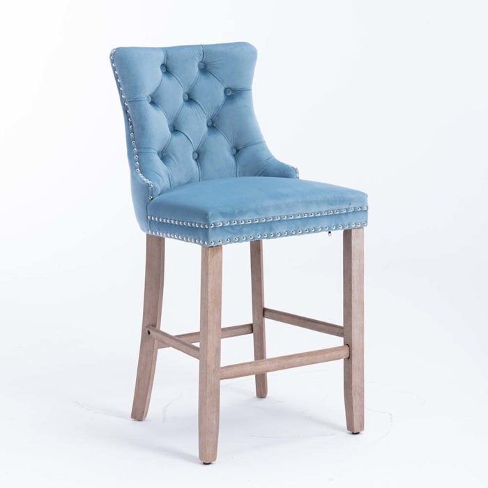 Tabouret de bar - Lot de 2 - Velours capitonné - Dossier haut - Bois massif