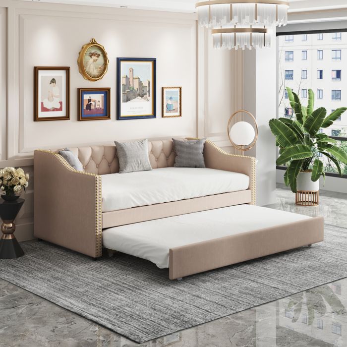 Canapé lit 2 Places - KILISKY - Modèle Convertible - Beige - Lit gigogne - 90/180 x 200 cm