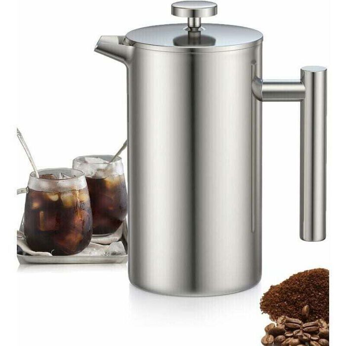 Cafetière à piston en acier inoxydable - ZOR® - 1L - Triple filtres - Fonction maintien au chaud - Acier inox 304