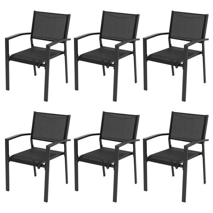 Avestar Chaises de jardin empilables 6 pièces en Textilène avec cadre en fer laqué noir