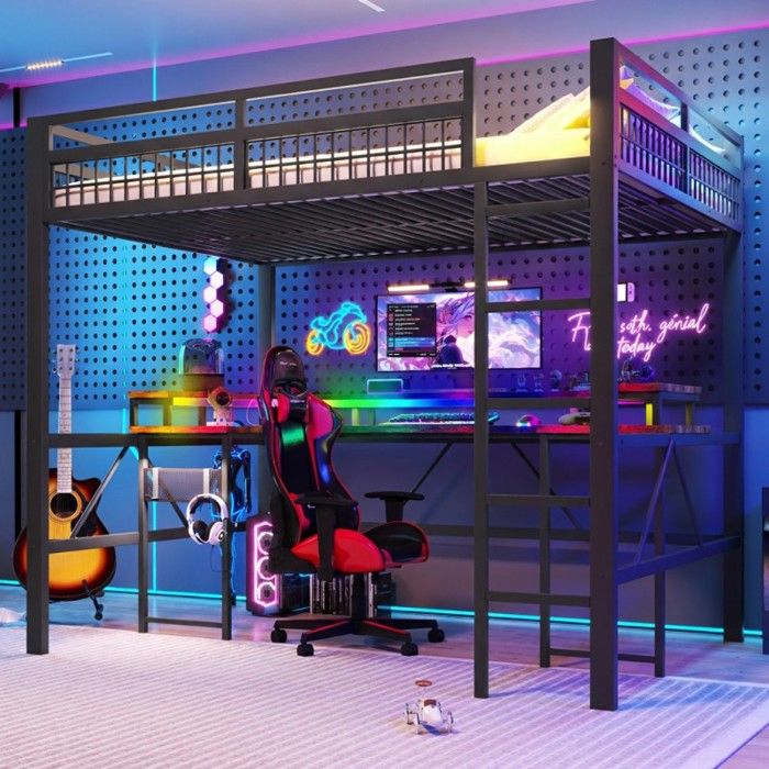 Lit mezzanine 140x200 - VVBV - Bureau intégré - LED RGB contrôlable - Prises USB/Type-C
