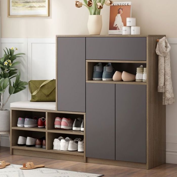 Meuble à Chaussures avec Banc Rembourré Étagère de Rangement 3 Portes 1 Tiroir pour Entrée