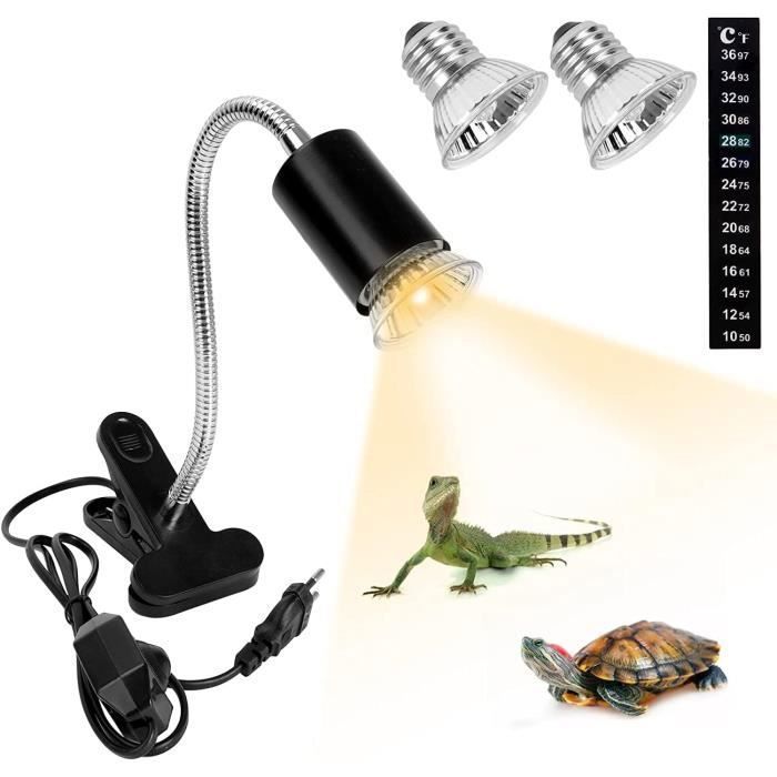 Lampe Chauffante TortueLampe Reptiles avec 2 Ampoules(50W UVA/ UVB ) et ThermomètreE27 Douille Ampoule Pince multicolo PROJECTEUR
