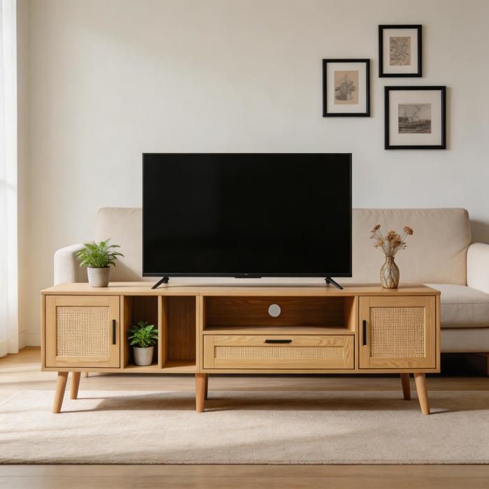 Meuble TV - WF317048AAA - 180 cm - Décor rotin - Pieds bois massif