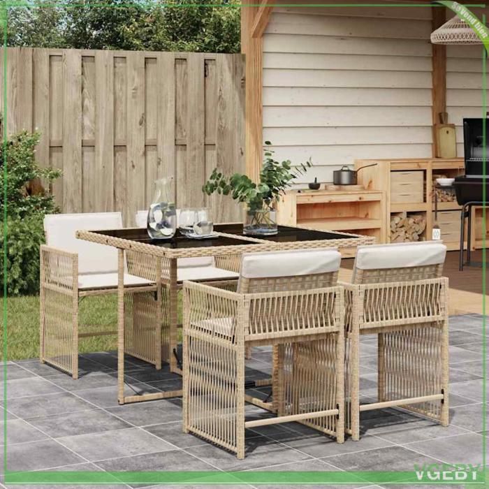Ensemble à manger de jardin - FAFEICY - 3211618 - Beige poly rotin - Plateau verre trempé - Chaises rabattables