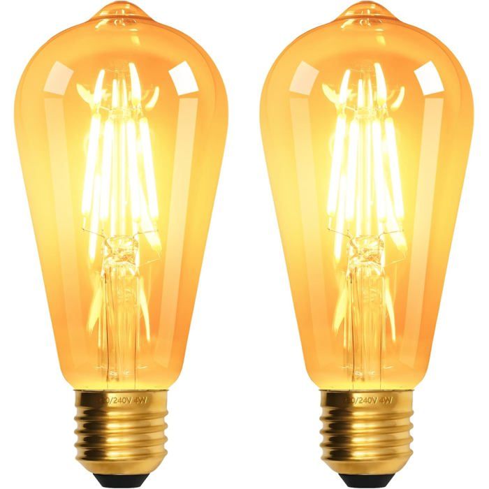 Lot de 2 ampoules LED vintage Edison ST64 culot E27 4 W 220–240 V lumière blanc chaud 2700 K verre ambré classe énergétique E