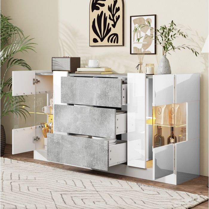 COVREO Buffet bas 140 cm blanc brillant aspect marbre gris 2 portes 3 tiroirs LED 16 couleurs