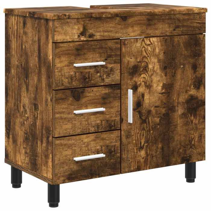 Unité de vanité de salle de bain - vidaXL - colonne SDB - bois dingénierie - chêne fumé - 60 x 35 x 60 cm - 3 tiroirs - 1 étagère{g