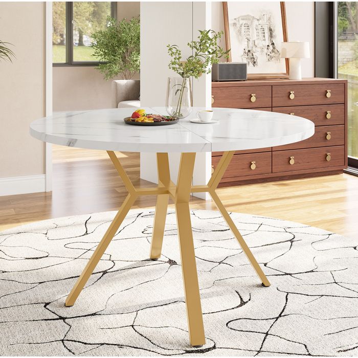 JOINERY table à manger ronde 100 cm design moderne décor marbre blanc pieds métal doré structure en X MDF salon séjour stable